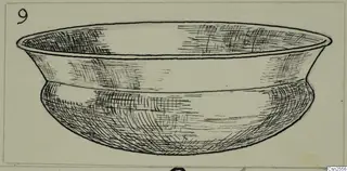 Drawing of a silver bowl with a flaring rim and rounded base, with a number label in the top left corner