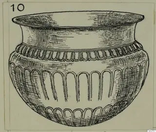 Ink drawing of a silver bowl with a flared rim and rows of rounded lobes on the neck and body