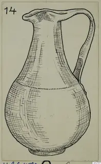 Pen drawing of a jug with a tall neck, curved handle and ring foot, shaded with cross-hatching.