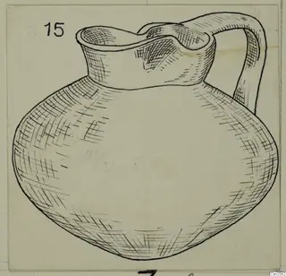 Pen drawing of a round-bodied jug with a pinched lip and a tall strap handle