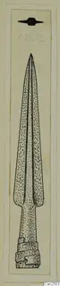 Ink drawing of a bronze spearhead with a socket and binding rings.