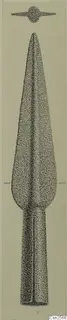 Drawing of a bronze spearhead with a long socket, with a small view of a flat, disc-centred form above it
