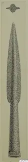 Stippled drawing of a bronze spearhead with a long leaf-shaped blade and narrow ringed stem
