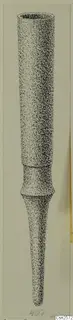 Stippled drawing of a slender bronze object with a hollow upper end and a tapered lower point
