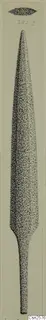 Drawing of a long, leaf-shaped bronze weapon blade with a narrow tang, with a small cross-section above it.