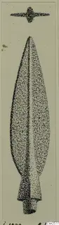 Stippled drawing of a leaf-shaped bronze spearhead with a small object above it