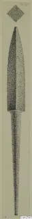 Stippled drawing of a bronze weapon with a long pointed blade and tang, with a diamond-shaped cross-section drawn above