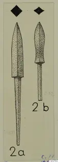 Drawing of two bronze weapons, a long narrow blade and a shorter leaf-shaped blade, each with a tang.
