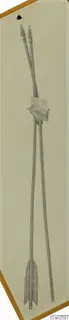 Stippled pen drawing of two bronze weapons with pointed tips crossing diagonally, a central knob and fan-shaped lower ends.