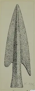 Drawing of a bronze spearhead with a raised central rib, barbs and a tapering socket