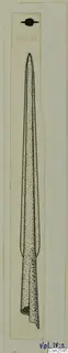 Pen drawing of a long, narrow bronze weapon with a pointed tip, shown on a narrow card
