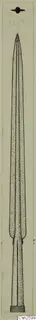 Drawing of a long-bladed bronze weapon, probably a spearhead, with a tapering blade and narrow base