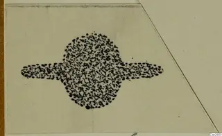 Stippled ink drawing of a dark object with a round centre and two flat, elongated projections