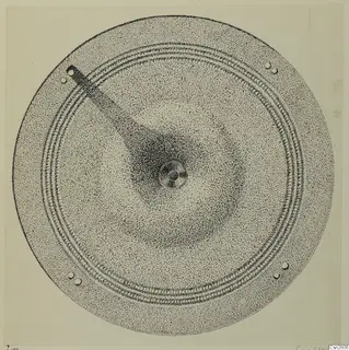 Stippled drawing of a round bronze object with a central boss, concentric ridges and holes around the rim