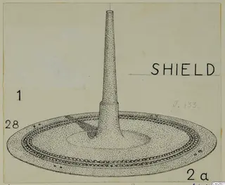 Ink drawing of a bronze weapon: a wide dished disc with a scalloped rim and a tall tapering central spike.