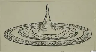 Drawing of a bronze object: a shallow disc with a tall central cone and an ornamented rim
