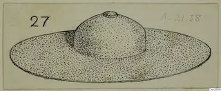 Drawing of a shield boss, low and domed with a small knob on top and a wide, flat rim below.