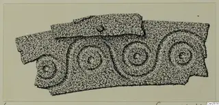 Drawing of a broken bronze fragment decorated with four concentric circle motifs