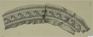 Pen drawing of a curved metal fragment with raised ridges and crescent-shaped impressions, from Idalion