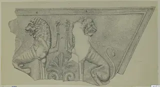Drawing of a carved relief fragment with two maned animal heads above a palmette, Vouni