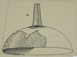 Drawing of a bronze weapon fragment from Idalion, with a tall tapering projection and a dotted outline of the restored shape