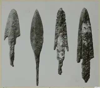 Four metal weapon blades with tangs, laid out side by side in a row.