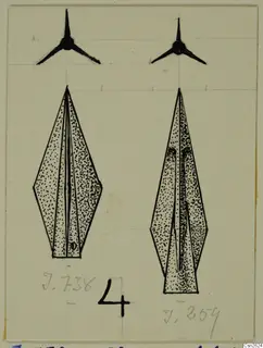 Field drawing of two weapon blades, each with a three-armed shape above it, on squared paper.