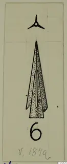 Drawing of a pointed blade with a small hole near its base, from Vouni, with a three-armed object above