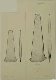 Ink drawing of two axes, each shown in front and side view.