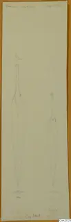 Pencil drawing of two daggers on a pale sheet, with handwritten notes and a number label above them