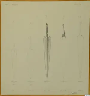 Drawing of five daggers standing in a row, one fully inked and four in pencil outline.
