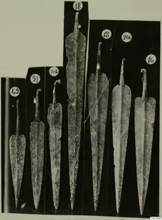 Seven corroded metal blades with tangs, each on its own black panel with a numbered label.