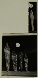 Card mount with two photographs of corroded metal blades with tangs, set against dark backgrounds.