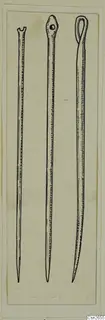 Drawing of three bronze tools: slender pointed rods, the left notched at the top, the middle with a small hole, the right with a loop.