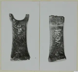 Two bronze tools photographed side by side, each with a pale branch-like pattern on its dark surface.