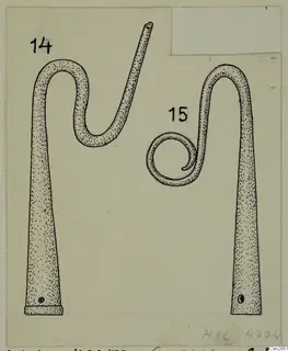 Drawing of two bronze tools, one with an S-shaped bend and one with a coiled hook