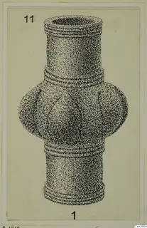 Dotted pen drawing of a bronze object with ringed bands, an open top and a bulbous central section with side lobes