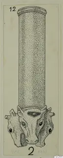 Ink drawing of a bronze object: a tall stippled shaft with a moulded rim, ending below in three animal-like heads.