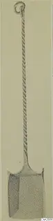 Stippled pen drawing of a bronze tool with a twisted shaft, a loop at the top and a flared blade at the base.