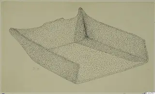 Stippled pen drawing of a bronze object: a shallow tray-like form with raised ends and an upright projection at the back