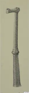 Stippled drawing of a long bronze tool with a flanged head and a collar on the shaft, from Vouni