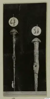 Two bronze tools with domed heads and long shafts, each with a round number tag, photographed against a dark background.
