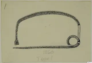Drawing of a bronze object with a long curved arm, a flattened end and a ring at the other end
