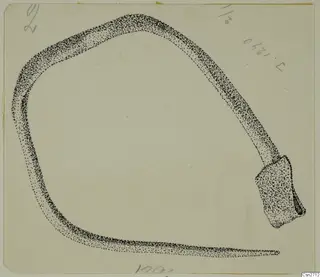 Stippled drawing of a curved bronze tool with a socket at one end, on a cream card
