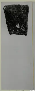 Corroded dark metal fragment, possibly a tool, photographed on a grey card mount.