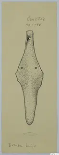 Ink drawing of a bronze knife with a narrow tang and two rivet holes on the blade, on a cream card