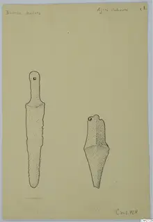 Drawing of two bronze knives, one long and narrow with a rounded handle, the other shorter with a shouldered blade.