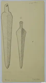 Ink drawing of two bronze knives, one with a rivet at the tang end and one with a small hole in its handle.