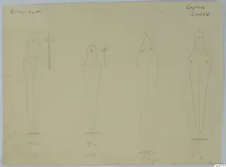 Pencil drawing of four bronze knives with rivet holes, two with blade cross-sections drawn alongside