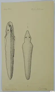 Ink drawing of two bronze tools side by side, one long and tapering, one shorter with a rounded head.
